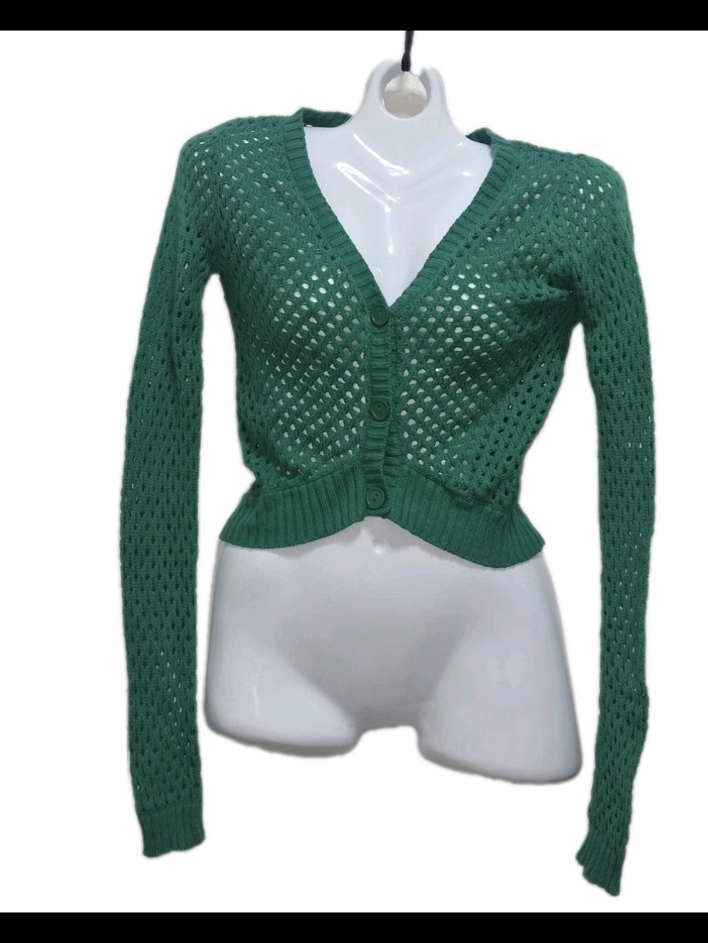 Geri C New York Green Open Knit Cropped Cardigan Sweater Size S Button Front